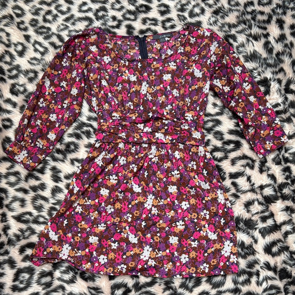 Forever 21 Women's 3/4 Sleeve Floral Dress - Pink Purple and Brown